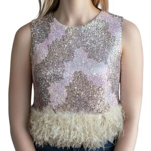 fab'rik Sequin Crop Top with Feather Trim